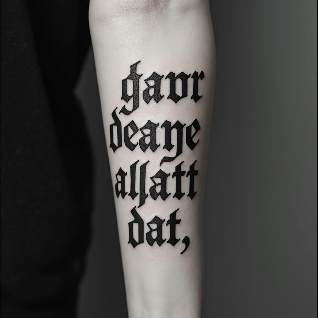 Jeanitext-based tattoo, gothic font ultra-realistic, perfectly placed, high-quality font design, photo-realistic shading, 8k, high quality, finely detailed typography
