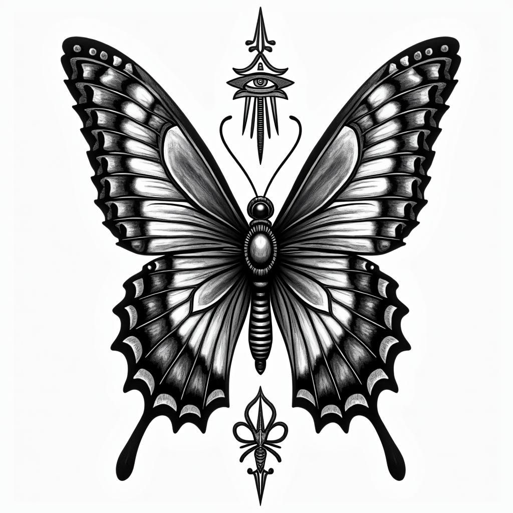 Butterfly with intricate patterns on its wingsin egyptian style tattoo, bold elements of ancient egyptian culture including a portrait of an Egyptian pharaoh with detailed facial features, in hieroglyphs and symbolic imagery, eye of horus, ankh symbol, scarab beetle