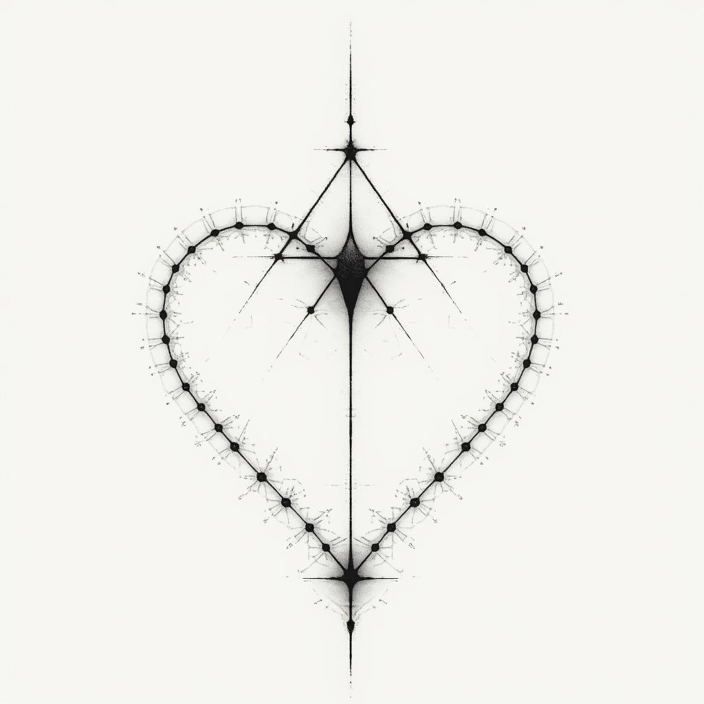 Eliot Betza love loyalty passionin minimalist style tattoo, featuring simple shapes and fine lines, with minimal shading and details, tiny triangles, creating a sense of balance and harmony