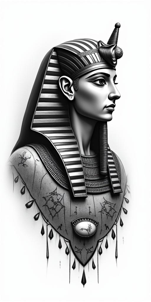 Egyptian with Cancer signin egyptian style tattoo, bold elements of ancient egyptian culture including a portrait of an Egyptian pharaoh with detailed facial features, in hieroglyphs and symbolic imagery, eye of horus, ankh symbol, scarab beetle - Variation 2