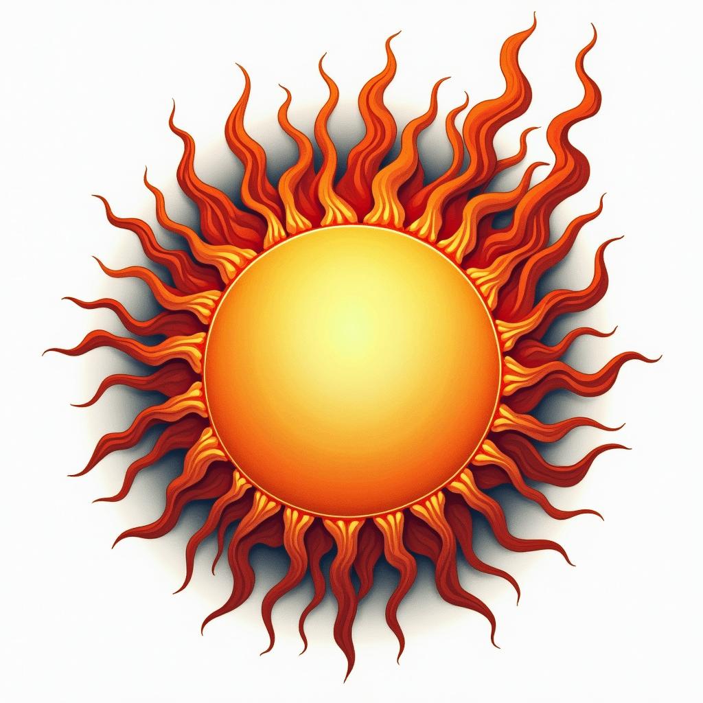 Burning sunin flame tattoo style showcasing fiery elements with dynamic flame patterns, glowing effect of flames, natural colors