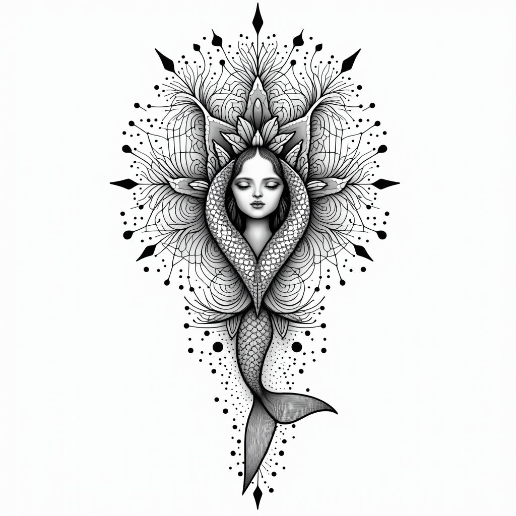 Feminine, Pisces, line and dotin dotwork style tattoo, complex mandala patterns, interlocking geometric shapes with sharp symmetry, clean lines, sharp angles