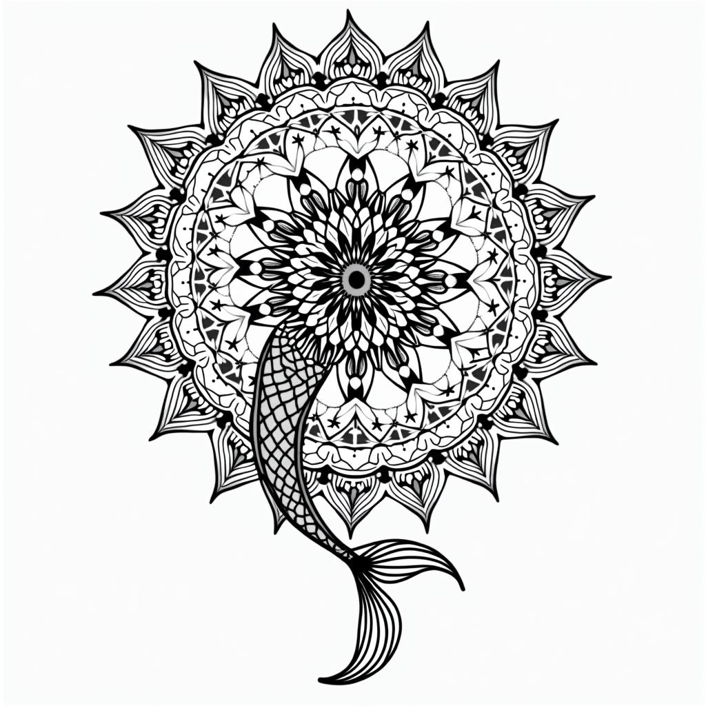 Feminine, Pisces, line and dotin dotwork style tattoo, complex mandala patterns, interlocking geometric shapes with sharp symmetry, clean lines, sharp angles - Variation 2