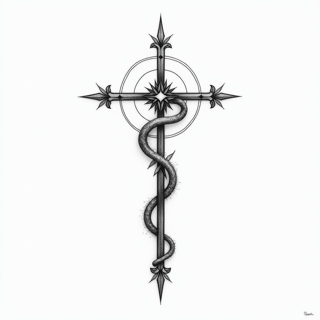 Make a for a Tattoo idea that has The catholic cross at the centre , the Astrology Taurus on the bottom right, the Chinese Astrology Snake on the bottom left and the Yoga Ohm sign on the top of the cross , using fine line technique in minimalist style tattoo, featuring simple shapes and fine lines, with minimal shading and details, tiny triangles, creating a sense of balance and harmony