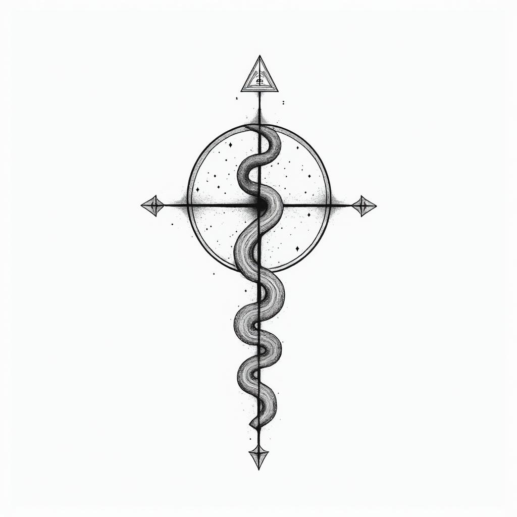 Make a for a Tattoo idea that has The catholic cross at the centre , the Astrology Taurus on the bottom right, the Chinese Astrology Snake on the bottom left and the Yoga Ohm sign on the top of the cross , using fine line technique in minimalist style tattoo, featuring simple shapes and fine lines, with minimal shading and details, tiny triangles, creating a sense of balance and harmony - Variation 4