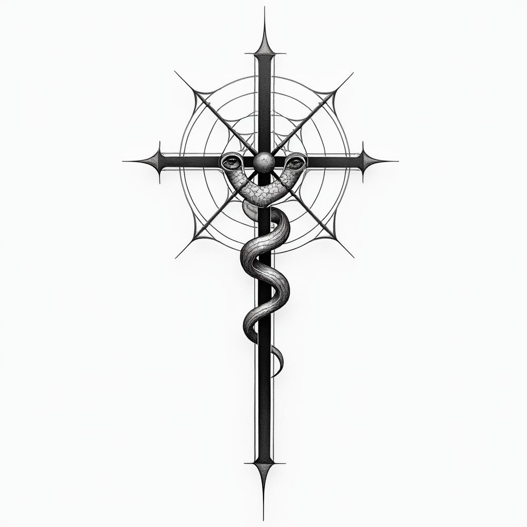 Make a for a Tattoo idea that has The catholic cross at the centre , the Astrology Taurus on the bottom right, the Chinese Astrology Snake on the bottom left and the Yoga Ohm sign on the top of the cross , using fine line technique in minimalist style tattoo, featuring simple shapes and fine lines, with minimal shading and details, tiny triangles, creating a sense of balance and harmony - Variation 5