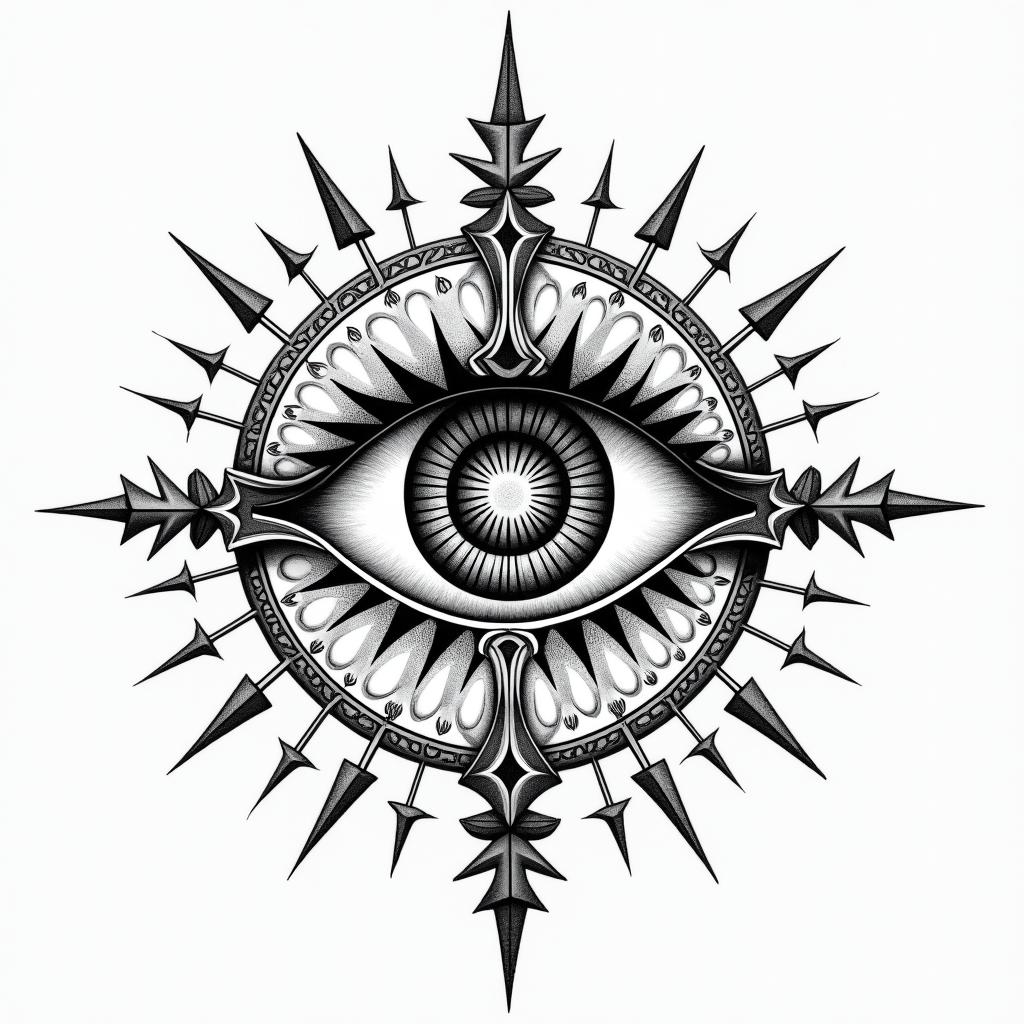 Eliot Betzain prophecy tattoo style, featuring mystical symbols, celestial imagery like stars, moons, suns, geometric patterns, foretelling elements, an eye of wisdom - Variation 3