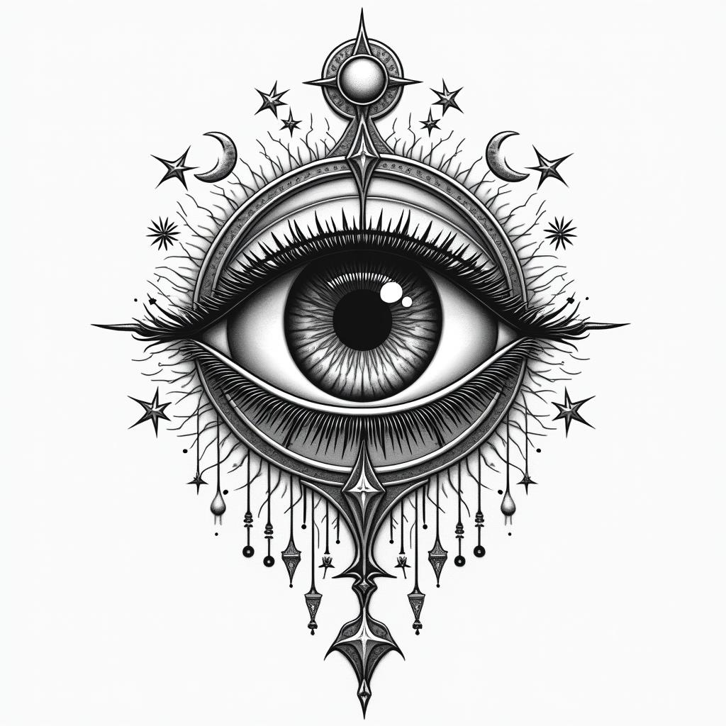 Eliot Betzain prophecy tattoo style, featuring mystical symbols, celestial imagery like stars, moons, suns, geometric patterns, foretelling elements, an eye of wisdom - Variation 2