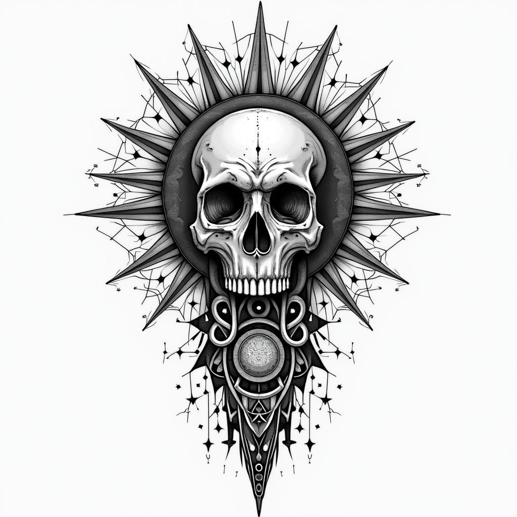 Eliot Betzain prophecy tattoo style, featuring mystical symbols, celestial imagery like stars, moons, suns, geometric patterns, foretelling elements, an eye of wisdom
