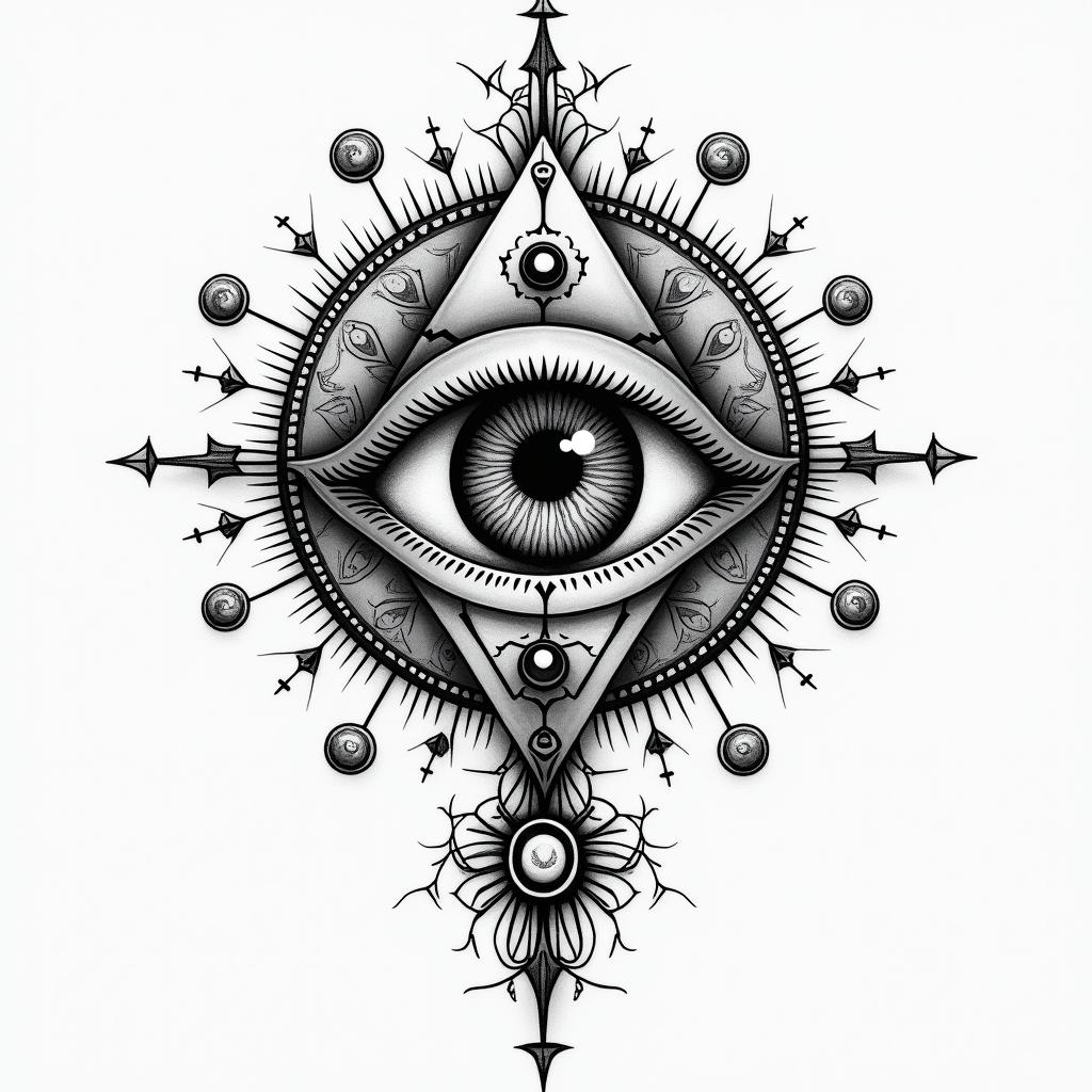 Eliot Betzain prophecy tattoo style, featuring mystical symbols, celestial imagery like stars, moons, suns, geometric patterns, foretelling elements, an eye of wisdom - Variation 4