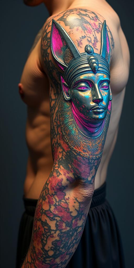 Anubisin distorted and fragmented tattoo design, featuring a classical statue bust, in a glitch art style with vibrant, overlapping colors of cyan, magenta, and yellow, creating a digital distortion effect