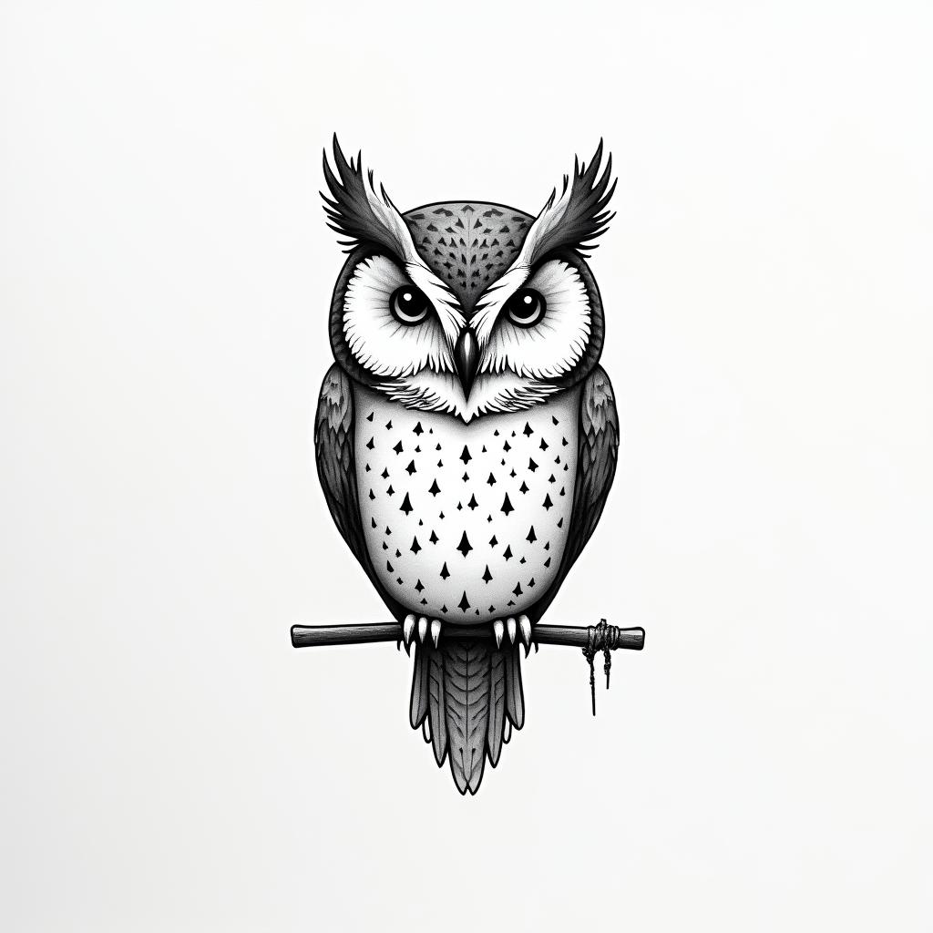 Owlin minimalist style tattoo, featuring simple shapes and fine lines, with minimal shading and details, tiny triangles, creating a sense of balance and harmony - Variation 4