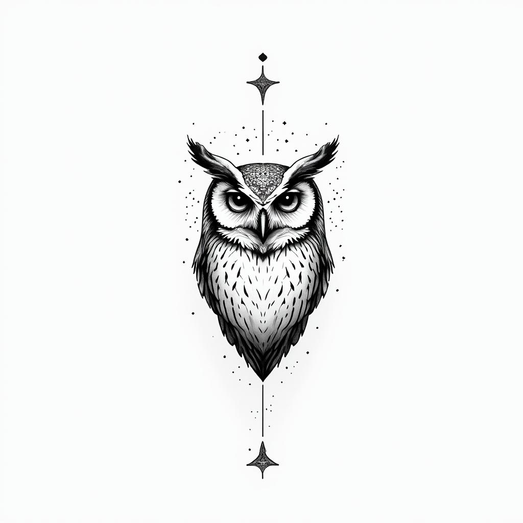 Owlin minimalist style tattoo, featuring simple shapes and fine lines, with minimal shading and details, tiny triangles, creating a sense of balance and harmony - Variation 3