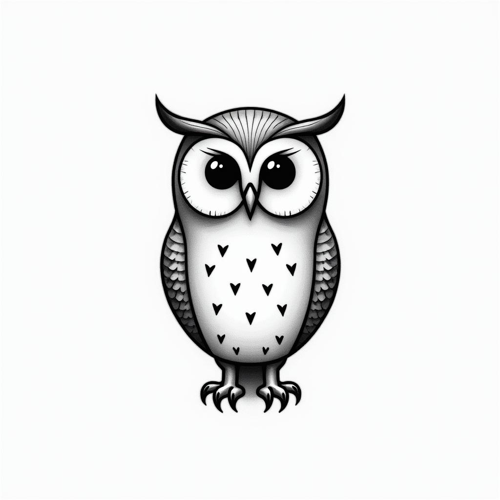 Owlin minimalist style tattoo, featuring simple shapes and fine lines, with minimal shading and details, tiny triangles, creating a sense of balance and harmony