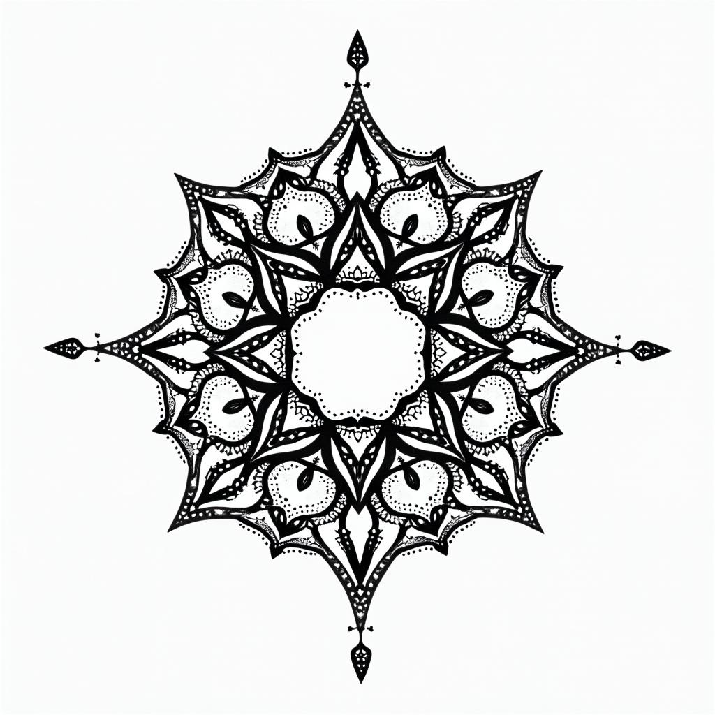 Feminine, pisces energyin dotwork style tattoo, complex mandala patterns, interlocking geometric shapes with sharp symmetry, clean lines, sharp angles