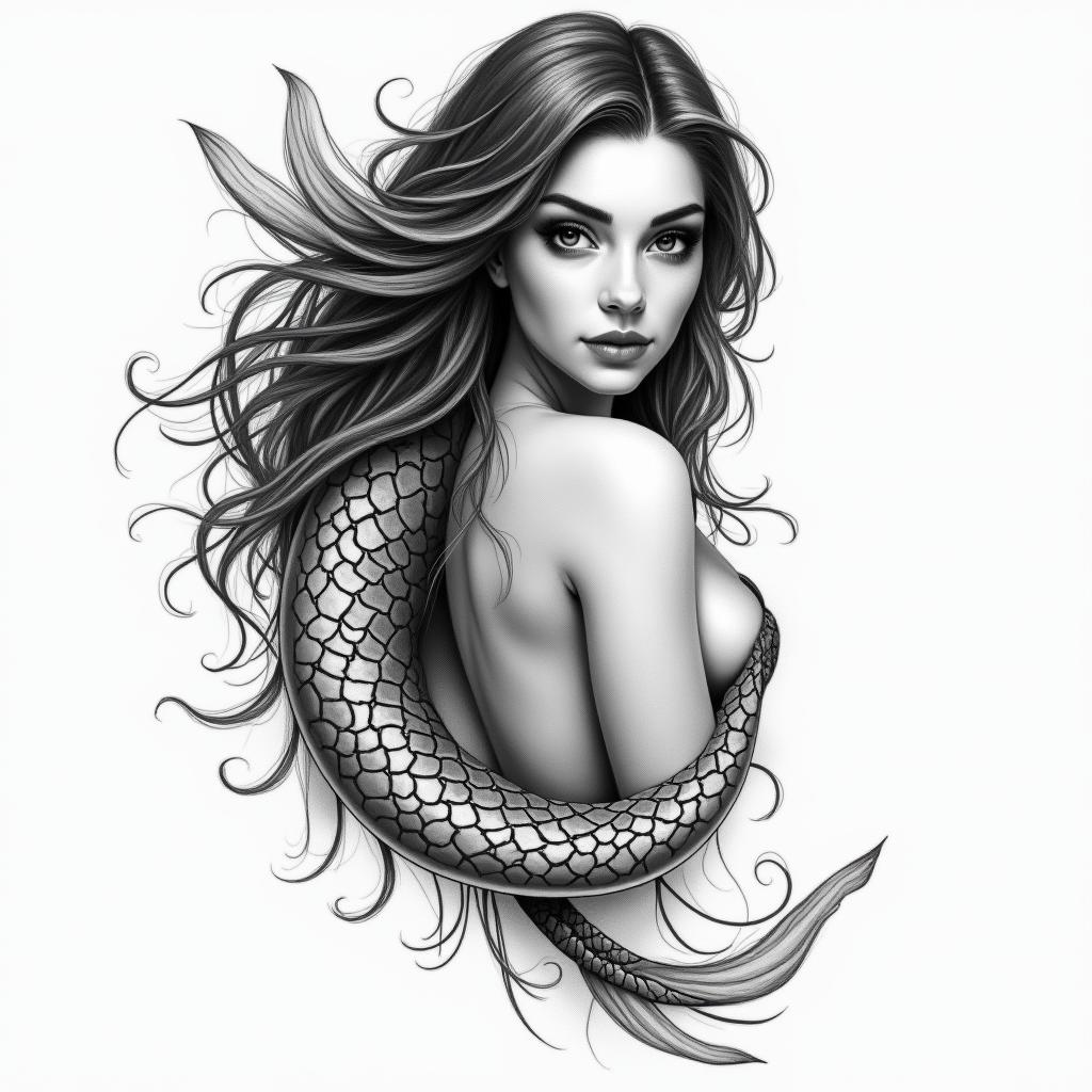 Feminine, pisces energyin realism tattoo style, featuring a highly detailed, lifelike, capturing every detail, photorealistic, ultra realistic, intricate shading, smooth and sharp,   - Variation 3