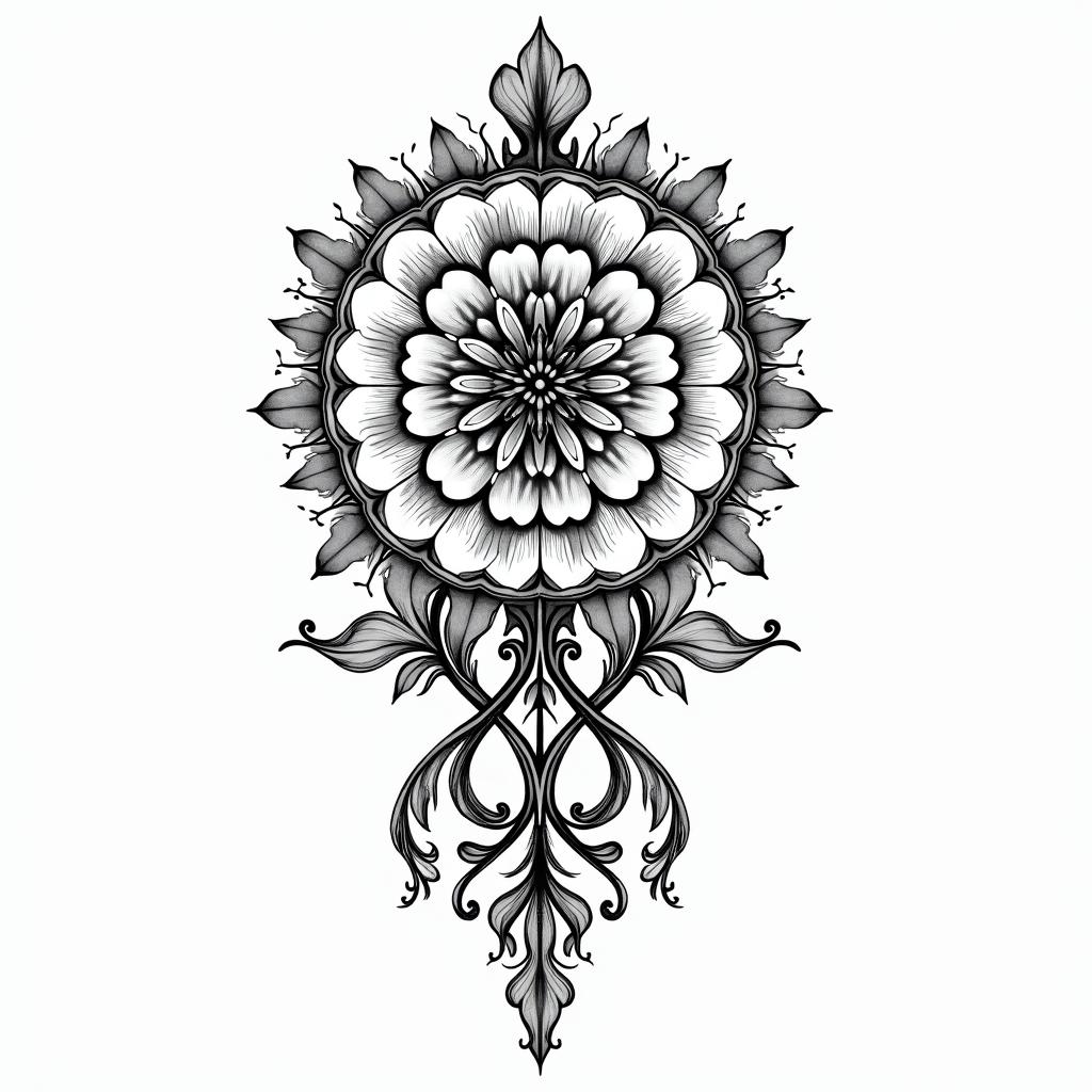 Feminine, pisces energyin ornamental tattoo style, featuring intricate symmetrical patterns and floral designs, showcasing highly detailed line work and geometric shapes, creating a sense of elegance and balance - Variation 3
