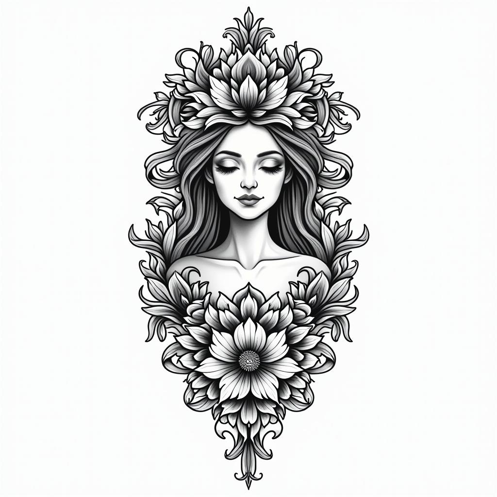 Feminine, pisces energyin ornamental tattoo style, featuring intricate symmetrical patterns and floral designs, showcasing highly detailed line work and geometric shapes, creating a sense of elegance and balance - Variation 2