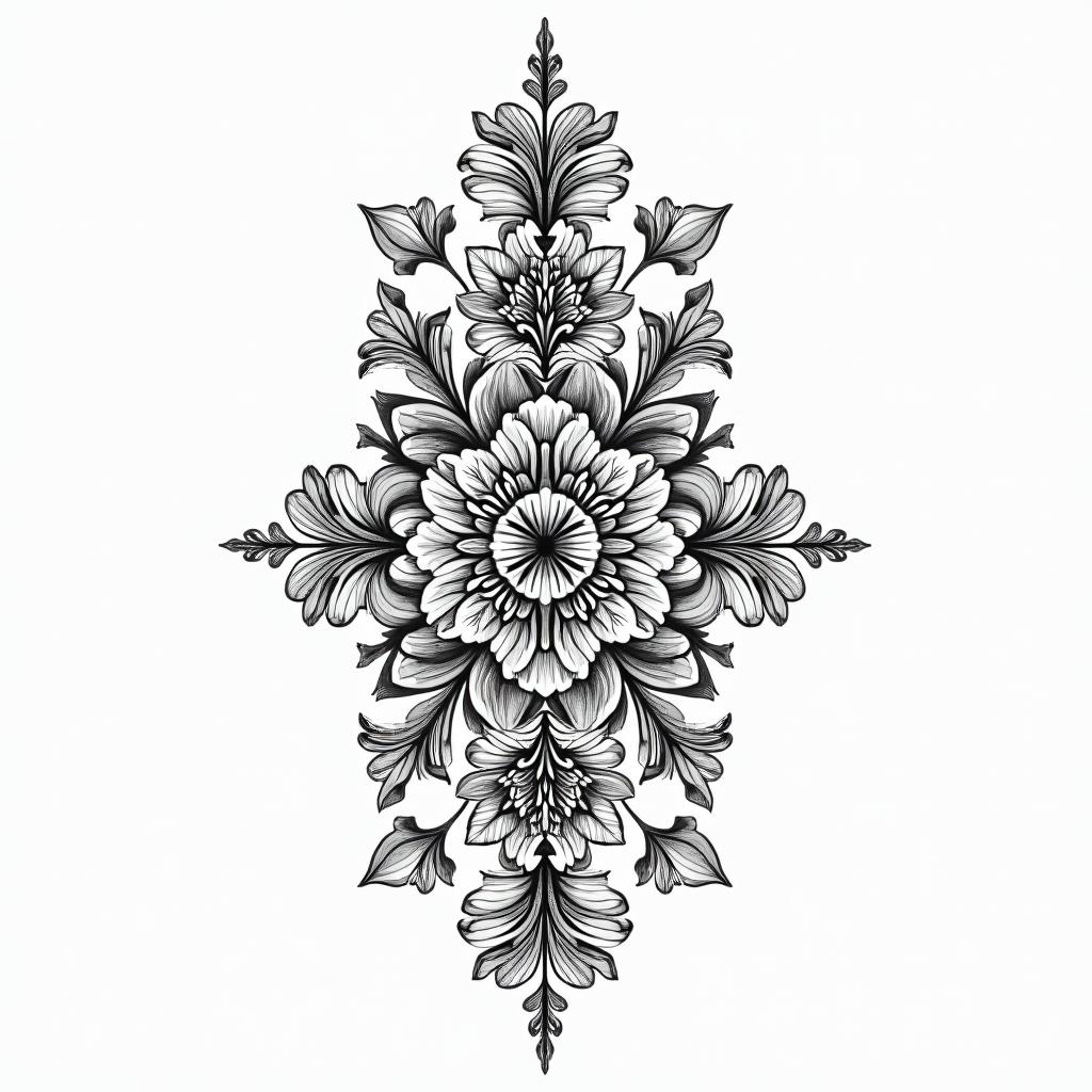 Feminine, pisces energyin ornamental tattoo style, featuring intricate symmetrical patterns and floral designs, showcasing highly detailed line work and geometric shapes, creating a sense of elegance and balance