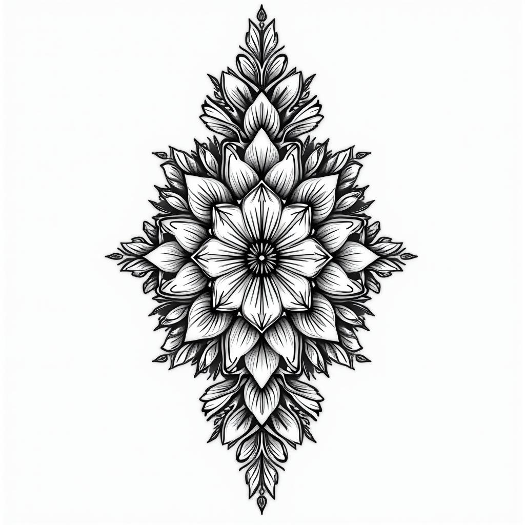Feminine, pisces energyin ornamental tattoo style, featuring intricate symmetrical patterns and floral designs, showcasing highly detailed line work and geometric shapes, creating a sense of elegance and balance - Variation 4