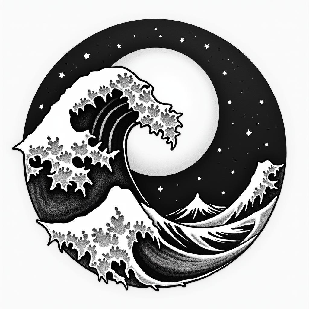 Full moon, stars, powerful wave, sun all in a broken circlein authentic tattoo style, incorporating traditional modifications, bold black outlines, solid color fills, featuring classic authentic elements