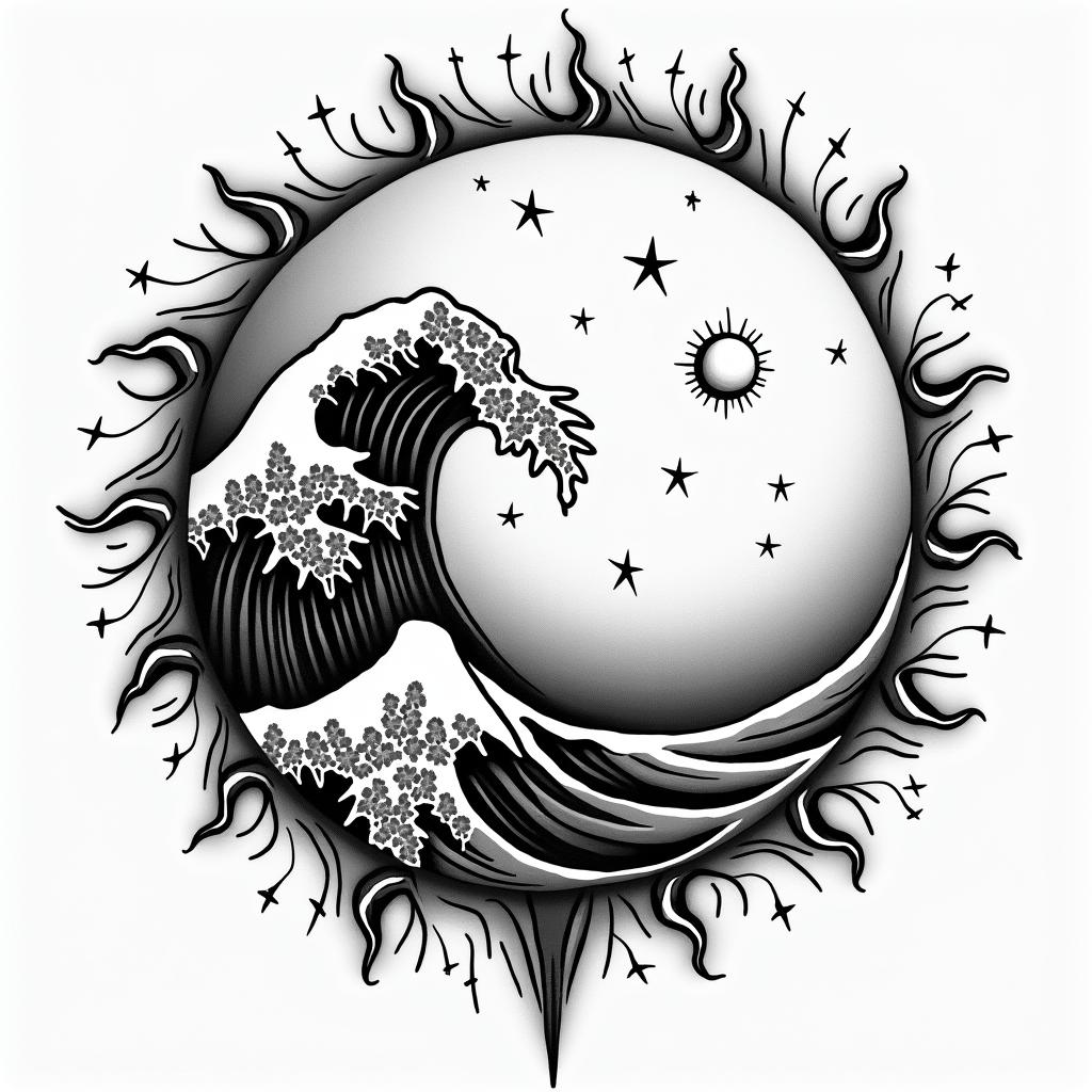 Full moon, stars, powerful wave, sun all in a broken circlein authentic tattoo style, incorporating traditional modifications, bold black outlines, solid color fills, featuring classic authentic elements - Variation 2
