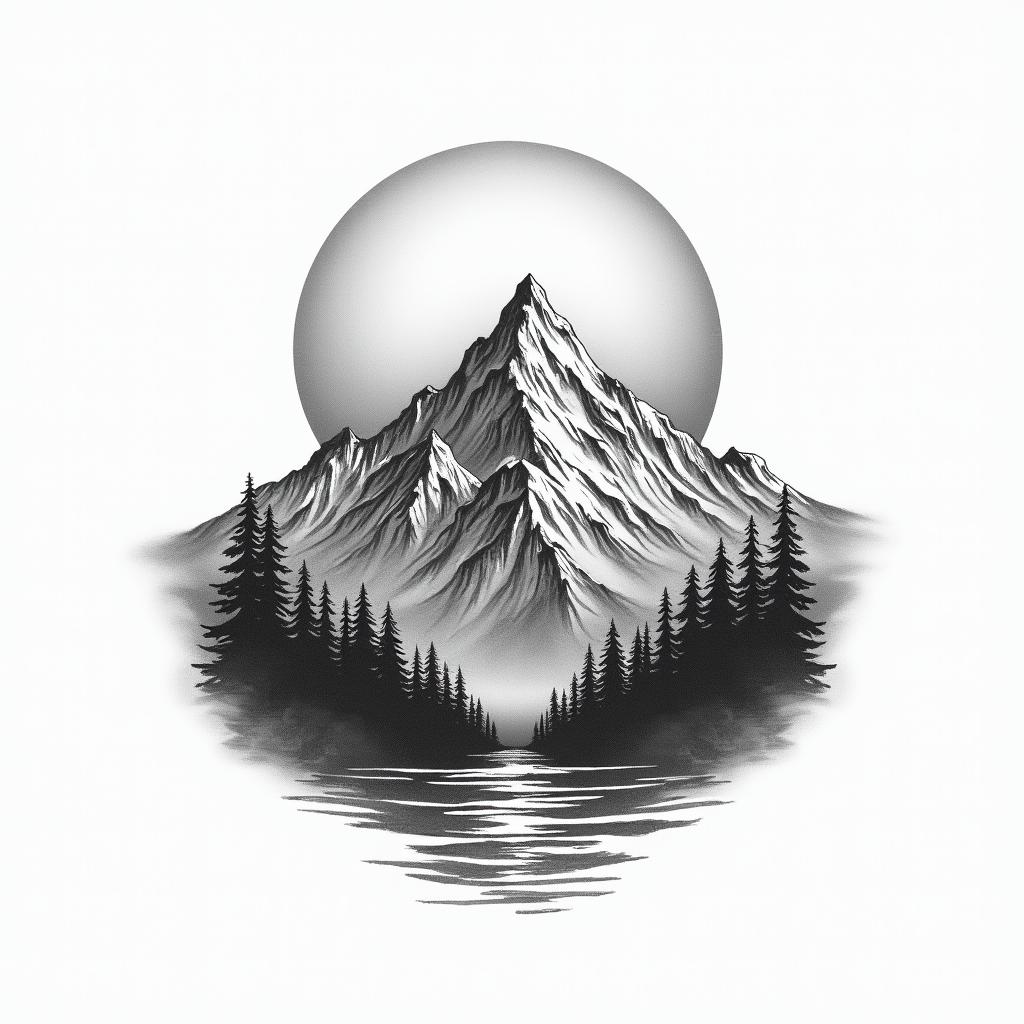 Mountain range with a rising sunhigly detailed tattoo - Variation 17