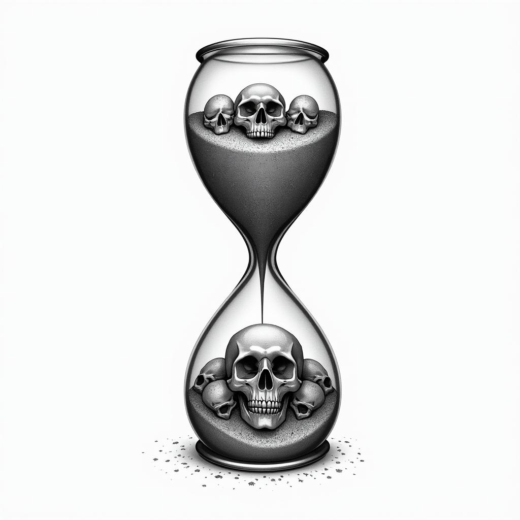 Hourglass with sand and skulls in geometric style tattoo, blending hexagons, mandala-inspired patterns, symmetrical and fractal design, clean lines, sharp angles