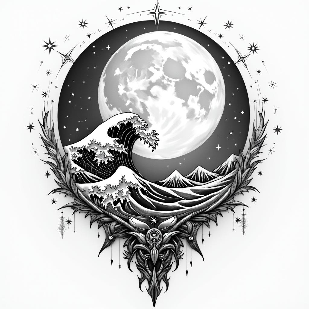 Full moon, stars, powerful wave, sun all in a broken circletattoo in biomechanic style, the tattoo covered by robotic elements of futuristic cyberpunk design, robotic features detail, showcasing intricate mechanical components