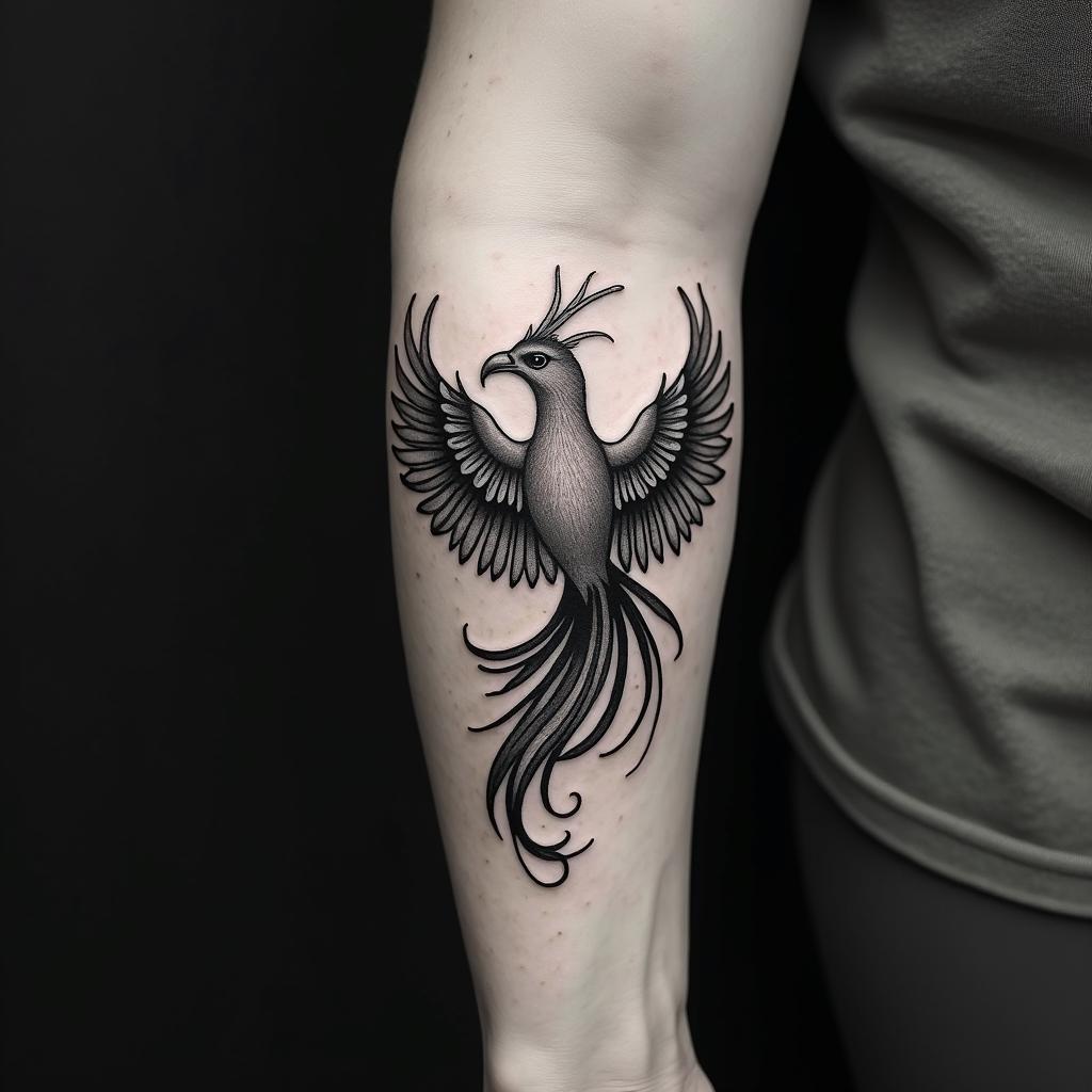 Sagittarius, phoenixin portrait tattoo style, featuring a highly realistic and detailed depiction 
