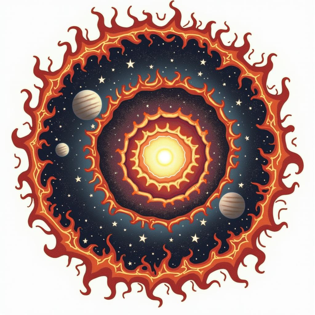 Spiral galaxy with stars and planetsin flame tattoo style showcasing fiery elements with dynamic flame patterns, glowing effect of flames, natural colors