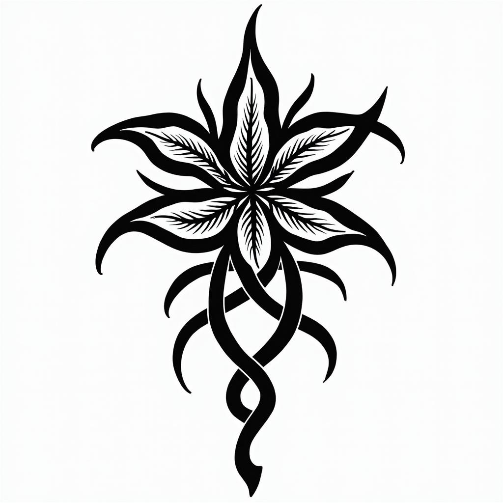 tropical flowerin tribal tattoo style, featuring bold and black geometric shapes, curved lines, intertwine and flow seamlessly, creating a powerful and symbolic design, polynesian and maori styles - Variation 4