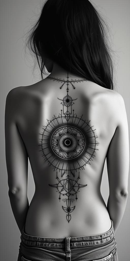 Nicole, Aries. Allentown, PAin prophecy tattoo style, featuring mystical symbols, celestial imagery like stars, moons, suns, geometric patterns, foretelling elements, an eye of wisdom