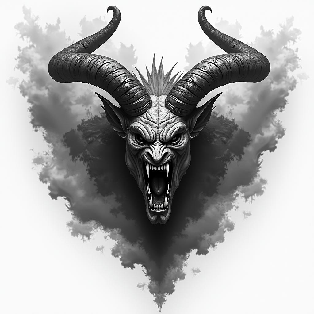 Demon of anger, spirit of anger, thunder and dark cloudsin realism tattoo style, featuring a highly detailed, lifelike, capturing every detail, photorealistic, ultra realistic, intricate shading, smooth and sharp,   - Variation 3
