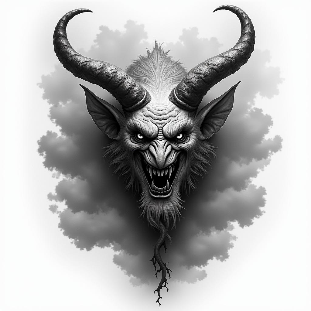 Demon of anger, spirit of anger, thunder and dark cloudsin realism tattoo style, featuring a highly detailed, lifelike, capturing every detail, photorealistic, ultra realistic, intricate shading, smooth and sharp,