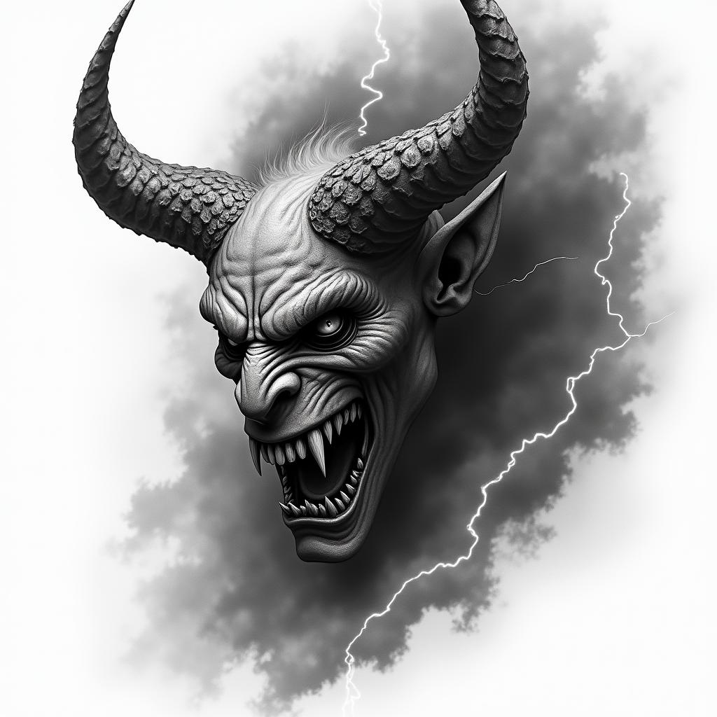 Demon of anger, spirit of anger, thunder and dark cloudsin realism tattoo style, featuring a highly detailed, lifelike, capturing every detail, photorealistic, ultra realistic, intricate shading, smooth and sharp,   - Variation 4