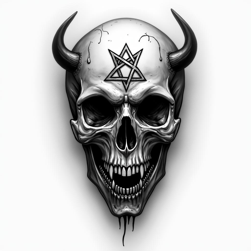 Tactical, Airbornecreepy horror tattoo style, featuring an eerie and unsettling skull of a demonic creature, distorted face with sharp fangs, add pentagram symbol