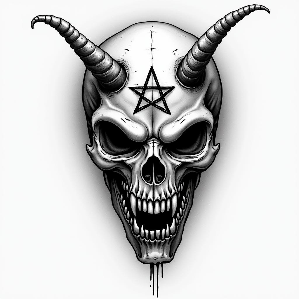 Tactical, Airbornecreepy horror tattoo style, featuring an eerie and unsettling skull of a demonic creature, distorted face with sharp fangs, add pentagram symbol - Variation 3