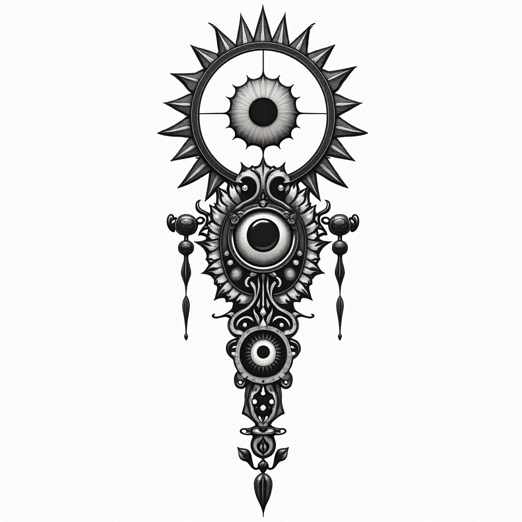 Haitiin spiritual symbols tattoo style, featuring an intricate design incorporating elements, Hamsa hand, third eye, minimalist composition - Variation 2