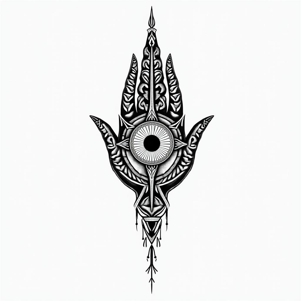 Haitiin spiritual symbols tattoo style, featuring an intricate design incorporating elements, Hamsa hand, third eye, minimalist composition