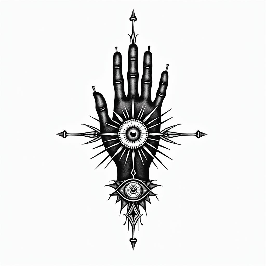 Haitiin spiritual symbols tattoo style, featuring an intricate design incorporating elements, Hamsa hand, third eye, minimalist composition - Variation 4