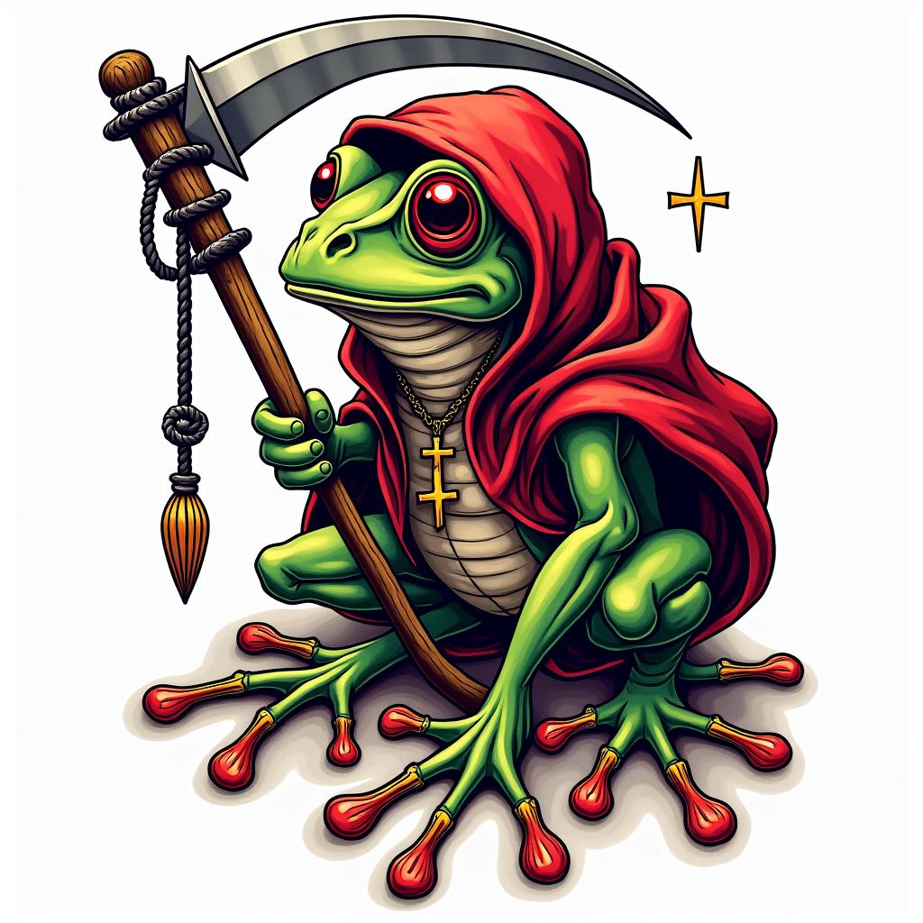 Grim Reaper frog with a scythe and rosaryin pop art style tattoo, featuring bold and vibrant colors, exaggerated outlines, iconic imagery, inspired by comic books and speech bubbles, comic book characters, retro pop culture - Variation 4