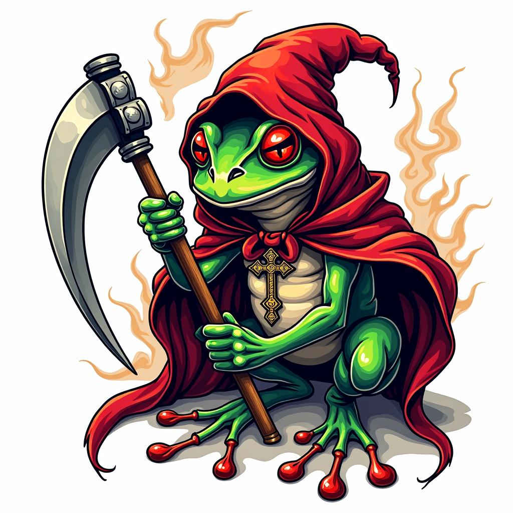 Grim Reaper frog with a scythe and rosaryin pop art style tattoo, featuring bold and vibrant colors, exaggerated outlines, iconic imagery, inspired by comic books and speech bubbles, comic book characters, retro pop culture