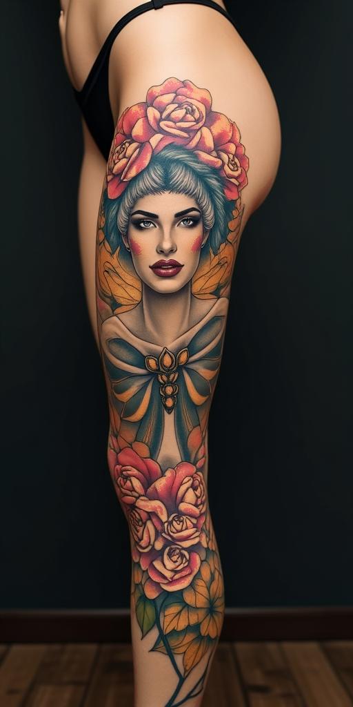 Be strong and courageous.in portrait tattoo style, featuring a highly realistic and detailed depiction 