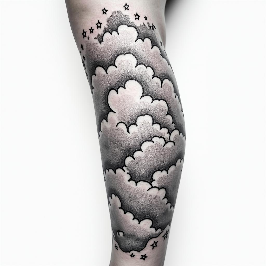 clouds with moon & stars on legin authentic tattoo style, incorporating traditional modifications, bold black outlines, solid color fills, featuring classic authentic elements - Variation 3