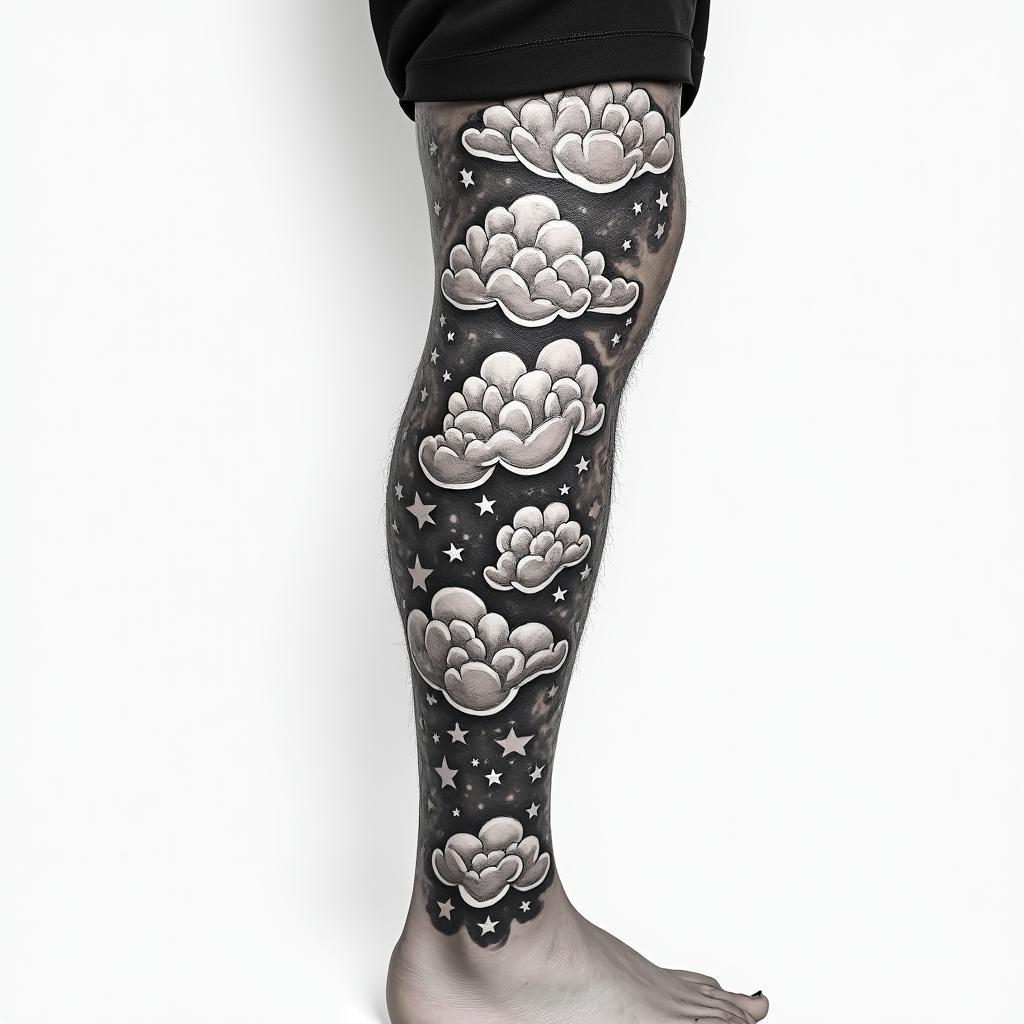 clouds with moon & stars on legin authentic tattoo style, incorporating traditional modifications, bold black outlines, solid color fills, featuring classic authentic elements - Variation 2