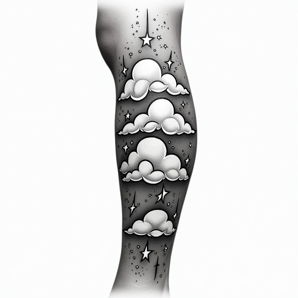clouds with moon & stars on legin authentic tattoo style, incorporating traditional modifications, bold black outlines, solid color fills, featuring classic authentic elements