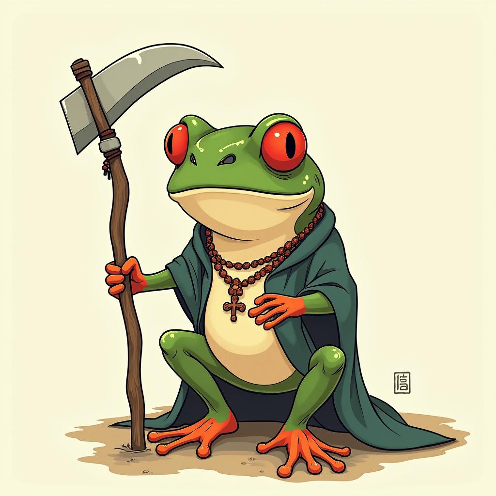 Grim Reaper frog with a scythe and rosaryGhibli, Studio Ghibli aesthetic, hand-drawn anime style, retro nostalgic atmosphere, retro soft pastel color palette with earthy tones, retro Japanese cinematic shot, yellow tint effect, bald character, smooth surface, anime shadow 90's anime style