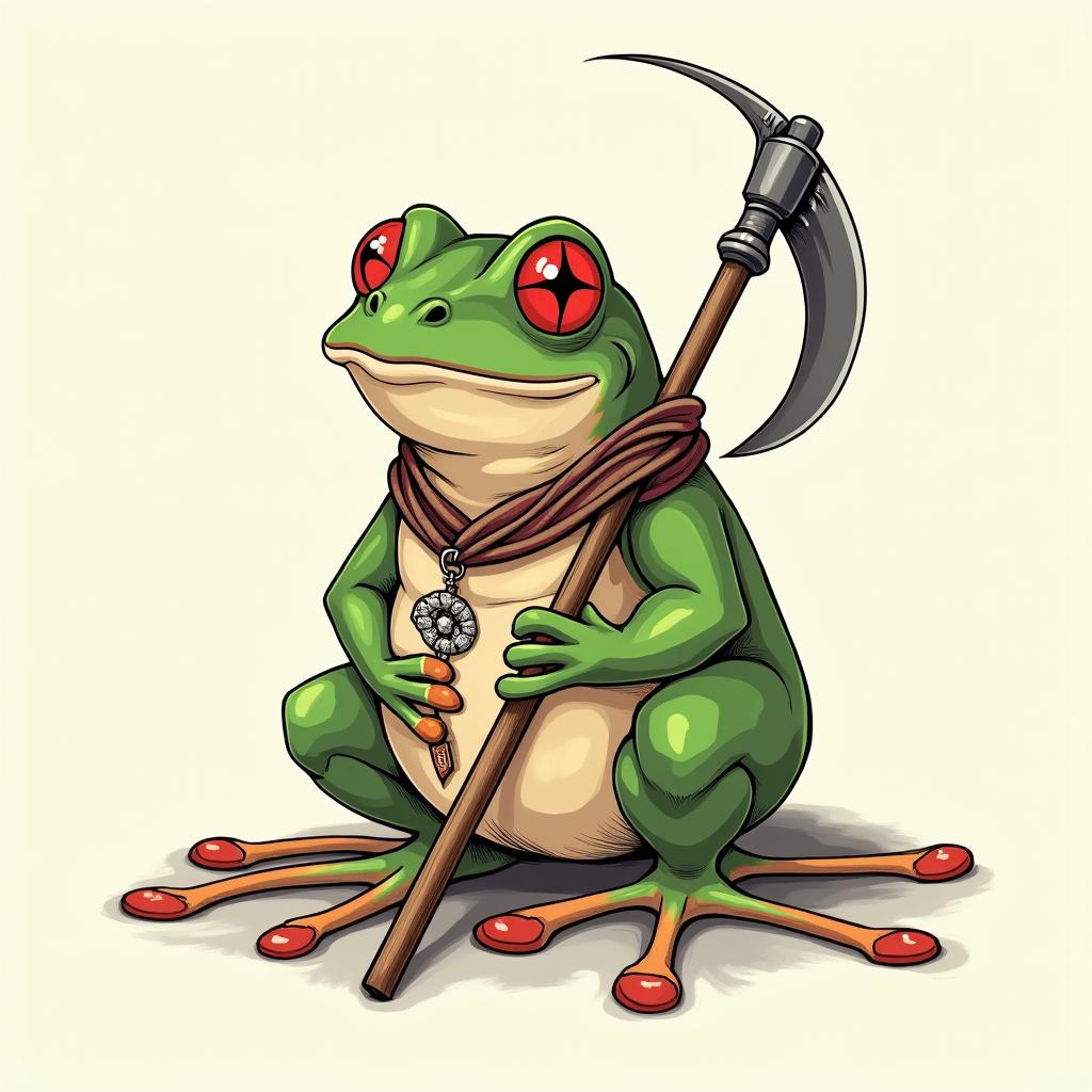 Grim Reaper frog with a scythe and rosaryGhibli, Studio Ghibli aesthetic, hand-drawn anime style, retro nostalgic atmosphere, retro soft pastel color palette with earthy tones, retro Japanese cinematic shot, yellow tint effect, bald character, smooth surface, anime shadow 90's anime style - Variation 4