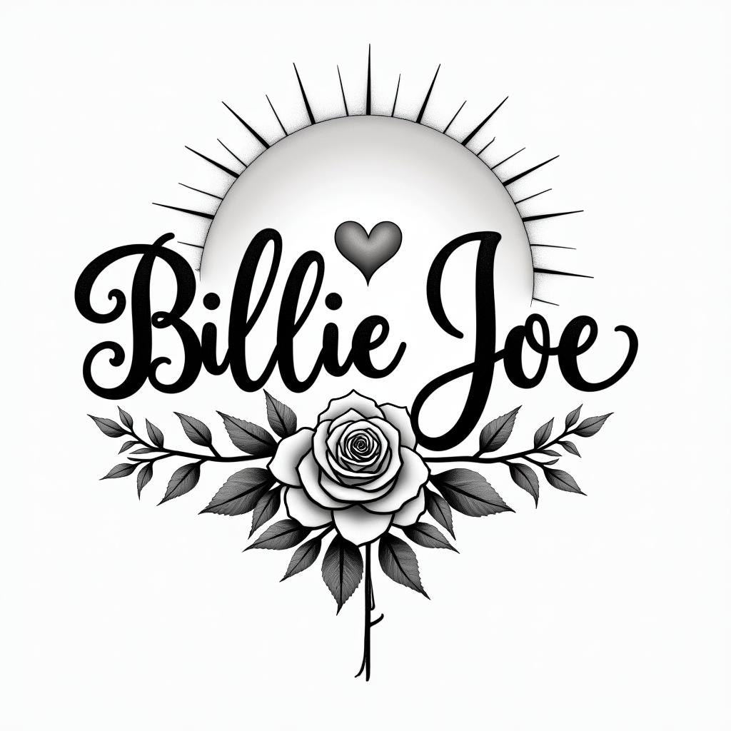 I want a tattoo of my wife’s name Billie Joe incorporating the sun and the moonin elegant cursive calligraphy style 2d tattoo, decorate with roses, featuring a smooth and flowing handwritten script with slightly thickened strokes for a luxurious and bold appearance, heart symbol between names, sleek and glossy black text with shadowing, minimalist matte white background, clean and sharp edges, illuminated with soft lighting, romantic, 8k, high-quality textures with refined typography - Variation 3